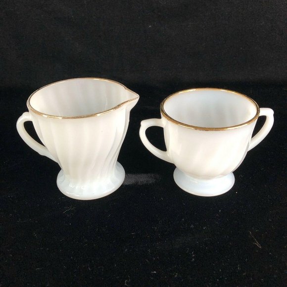 Fire King 3 Creamer 1 Sugar Bowl 2 Berry Set White Gold Swirl Anchor Hocking - Picture 7 of 12
